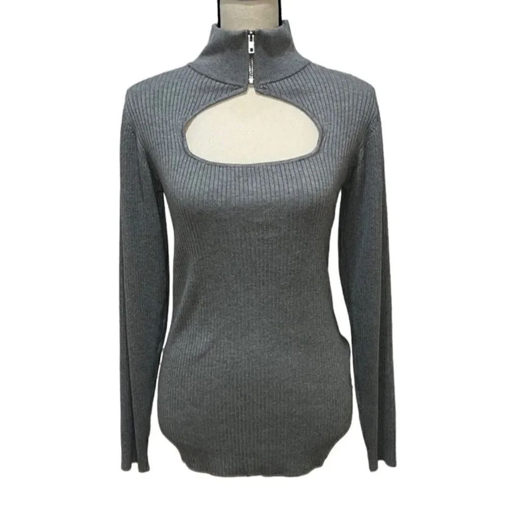 Ashley Stewart Mock Neck Zip Detailed Ribbed Knit Sweater